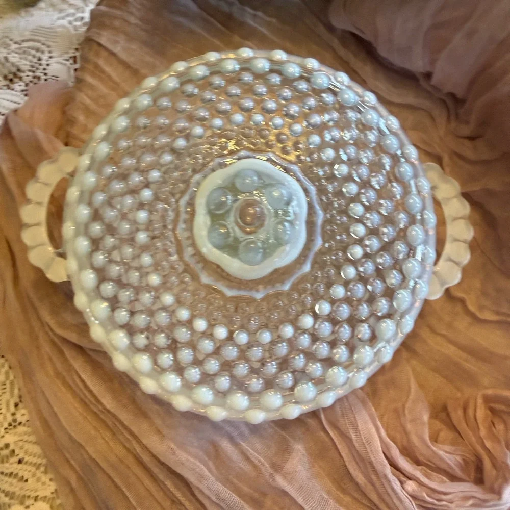 Vintage Hobnail Milk Glass Double Handle Bowl Farmhouse Cottage Decor